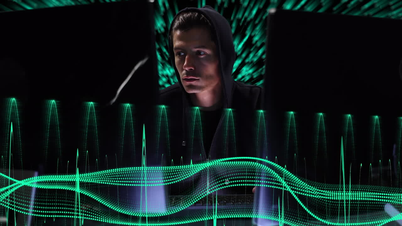 animación de formas y líneas de neón sobre un hacker caucásico