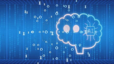 animation of ai data processing over binary coding on blue background