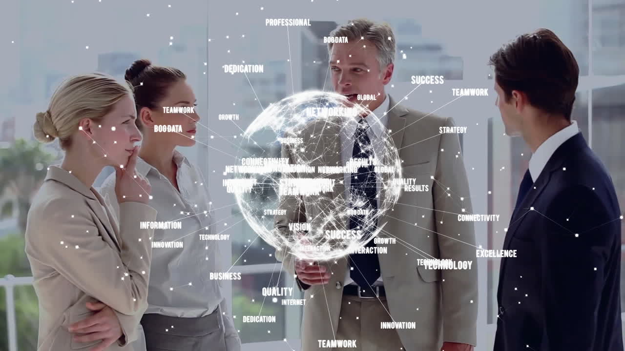 다양한 동료들이 사무실에서 일을 논의하는 연결망을 가진 지구상의 애니메이션