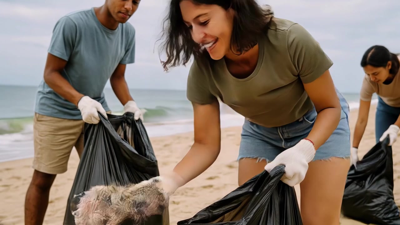 Smiling Young Volunteers Cleaning Up a Sandy Beach