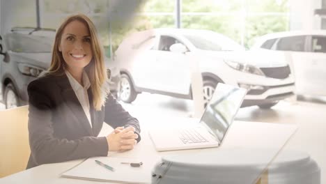 animación digital de un ejecutivo de ventas sonriente trabajando en la sala de exposiciones 4k