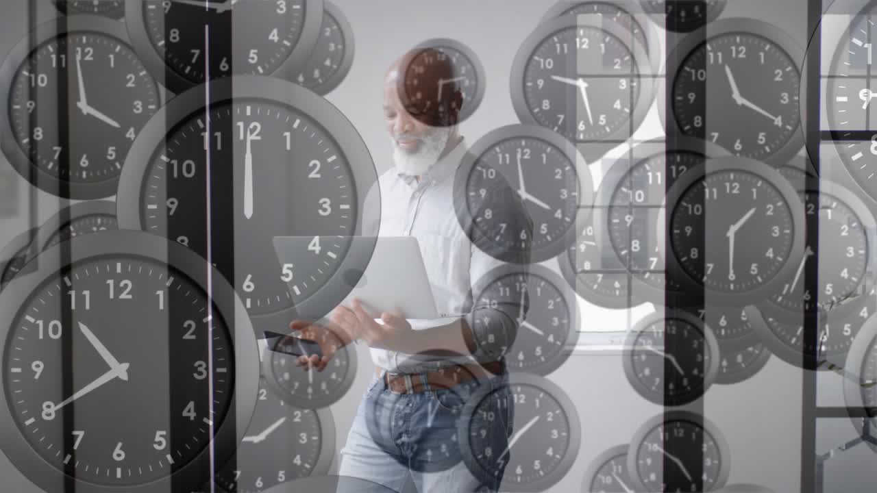 Businessman holding phone to ear initiating call, reading laptop, walking with floating clocks