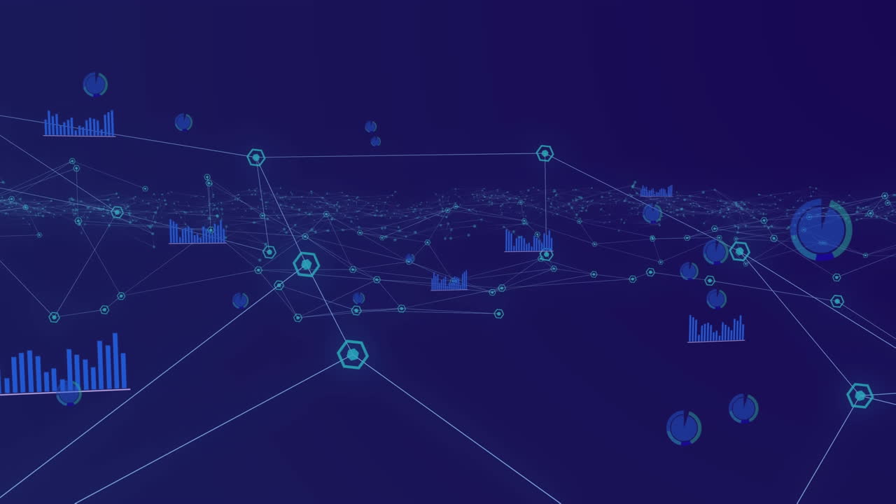 Digital animation of network of connections icons moving against blue background
