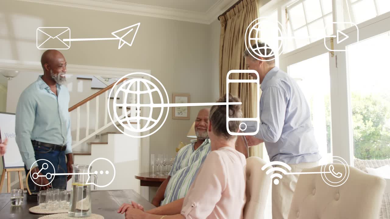 Presenter starting talk in dining room, gesturing and guiding, comms icons overlaying for business