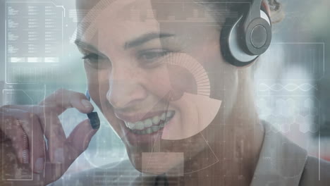 animación de la interfaz digital sobre una mujer de negocios usando auriculares de teléfono