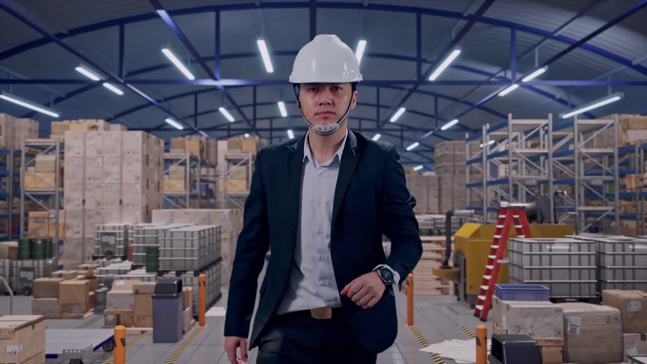 Vista frontale di un uomo d'affari asiatico che cammina, controllando l'ora sull'orologio in un ampio magazzino con file di scaffalature.