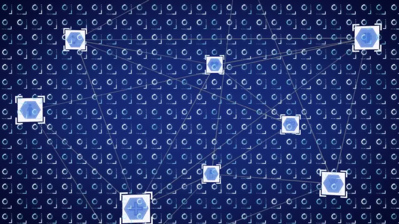 animación de redes de conexiones con iconos de procesador sobre un fondo con patrón azul