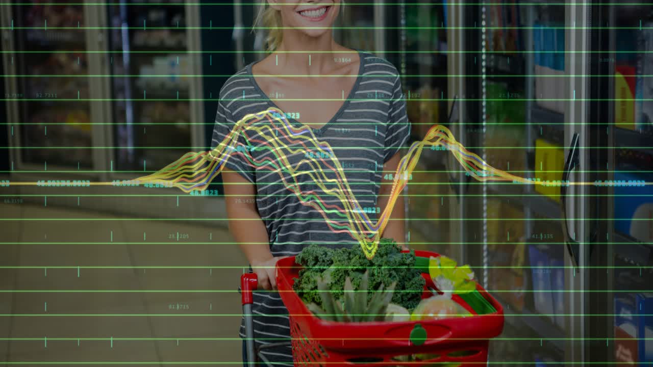 Woman pushing red basket with greens in aisle while waveform sweeping over chest showing store data