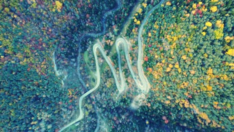 Amazing-drone-view-of-roadway-in-mountains-covered-with-lush-autumn-foliage