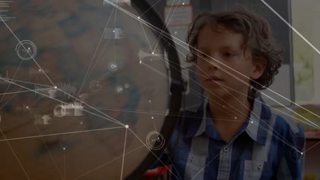 Animation-of-network-of-connections-with-icons-over-caucasian-boy-with-globe-at-school