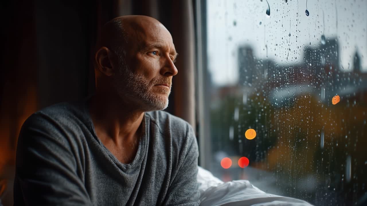 Mature man gazes out rainy window. His face shows quiet contemplation. Soft light casts warm glow on his skin. Raindrops streak glass, blurring city lights. He sits alone, thoughtful and still