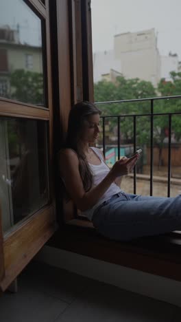 young woman using a smartphone on a rainy day balcony