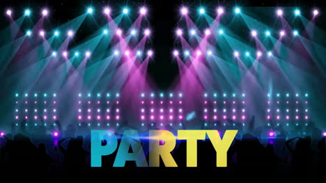 animation of party text over stage with lights and people dancing