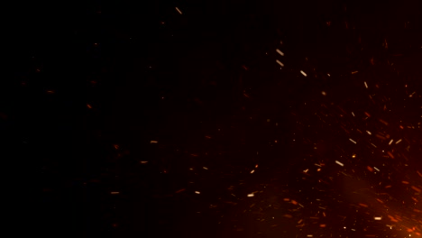 burning hot sparks rising from large fire in night sky. moving from corner. abstract isolated fire glowing particles on black background flying up. looped 3d animation.