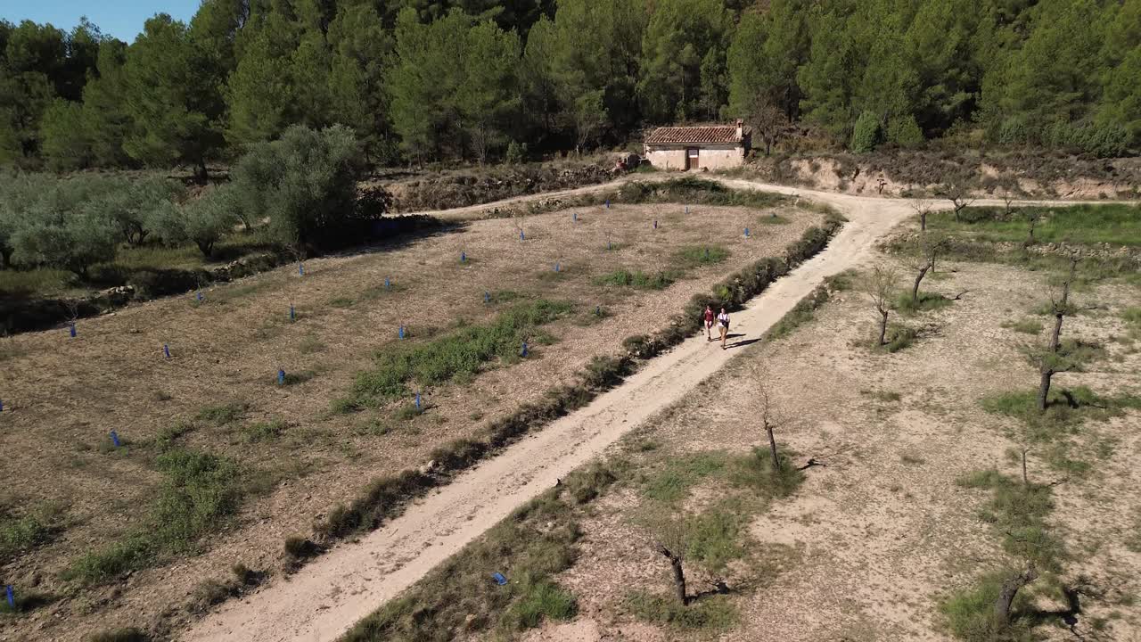 Drone shot of two brunette girls walking among trees with a rural house and conifers in the background