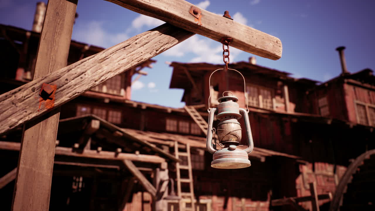 Rustic lantern hanging on a weathered post near an old building in daylight