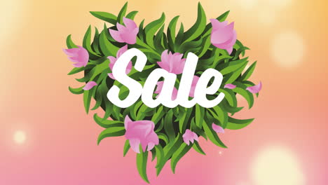 animación del texto de venta en letras blancas sobre flores sobre fondo naranja