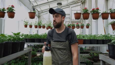 gardener spraying plants in a greenhouse