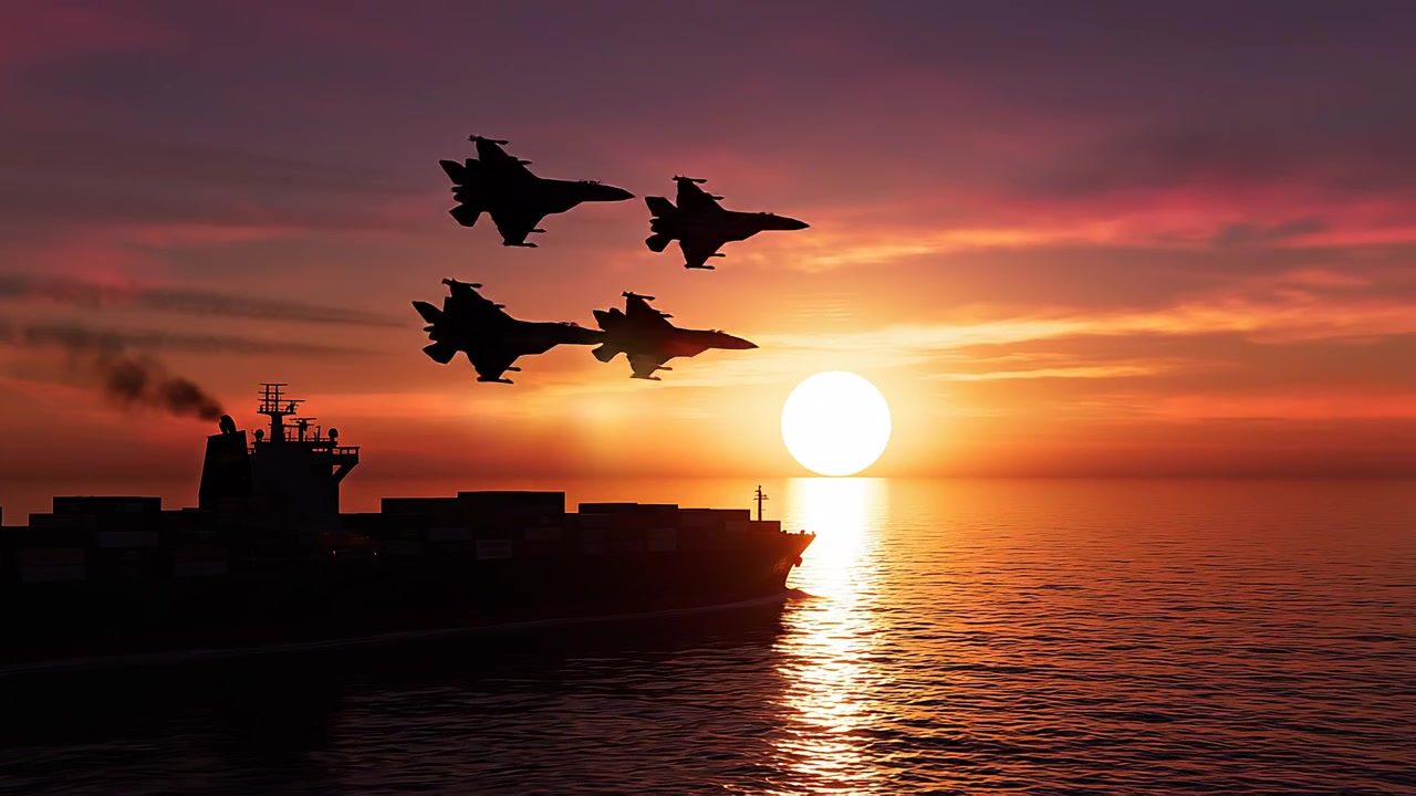 Nave da carico e jet da combattimento al tramonto sull'oceano