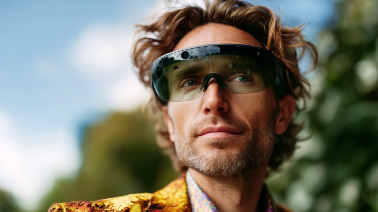 A stylish man wearing futuristic sunglasses and a vibrant suit enjoys a sunny day outdoors, showcasing his confident expression and unique fashion sense
