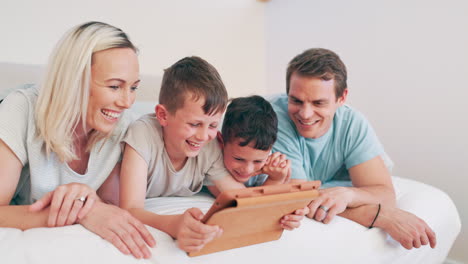 Kids,-parents-and-tablet-on-bed-for-funny-video