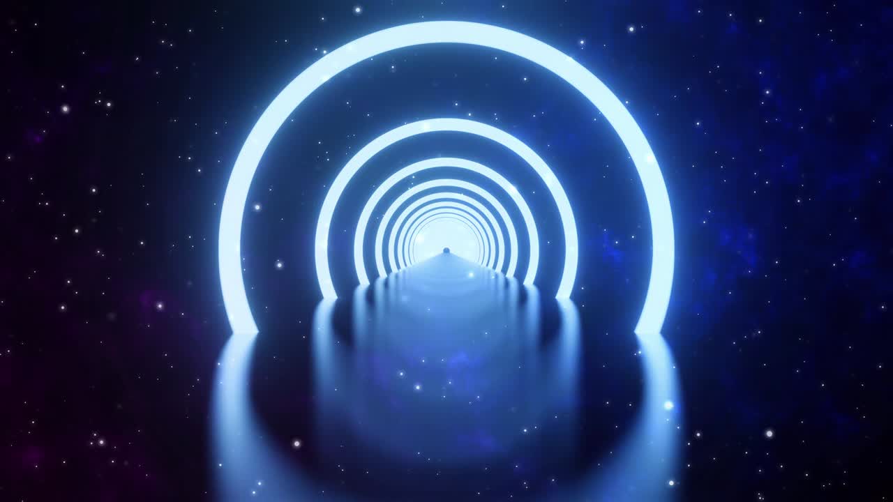 3d render, movimiento en bucle de anillo de neón brillante y en fondo de estrella de galaxia oscura. fondo abstracto de luz de neón. círculos de espectáculo láser de moda. realidad virtual espacio exterior con panorama de espacio estelar