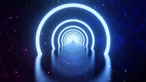 3d render, loop motion of glowing neon ring and on dark galaxy star background. neon light abstract background. circles laser show fashion. virtual reality outer space with way star space panorama