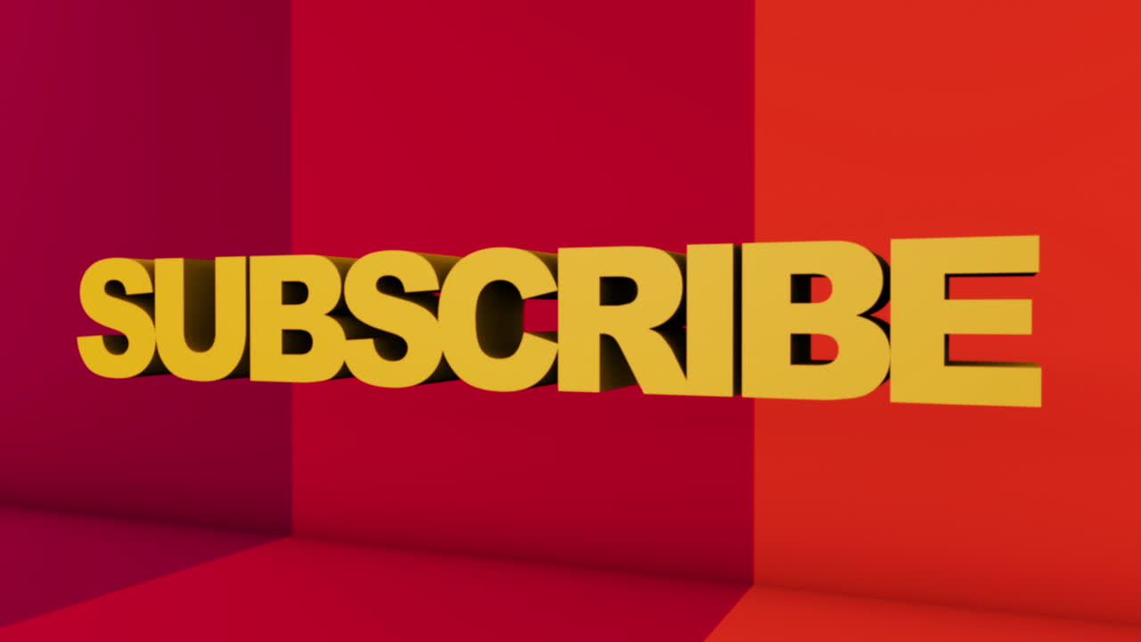 A full screen 3D rendered graphic using Cinema 4D of 3D text &amp;quot;SUBSCRIBE&amp;quot; with point of view movement