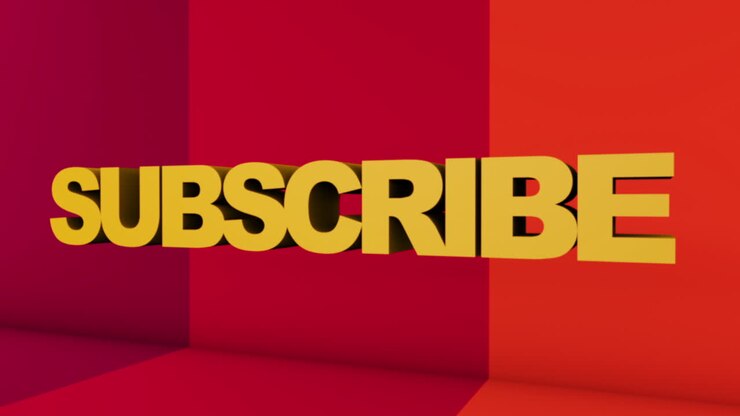 A full screen 3D rendered graphic using Cinema 4D of 3D text "SUBSCRIBE" with point of view movement