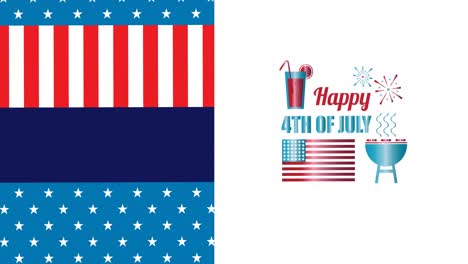 animation of red, white and blue american flag colours with independence day text on white