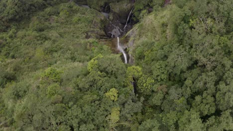 Ojo-De-Pájaro-Aéreo-Avanzando-Sobre-El-Flujo-De-La-Selva-De-Taiwán-Desierto-En-Cascada-Acantilado-Rocoso-Cascada