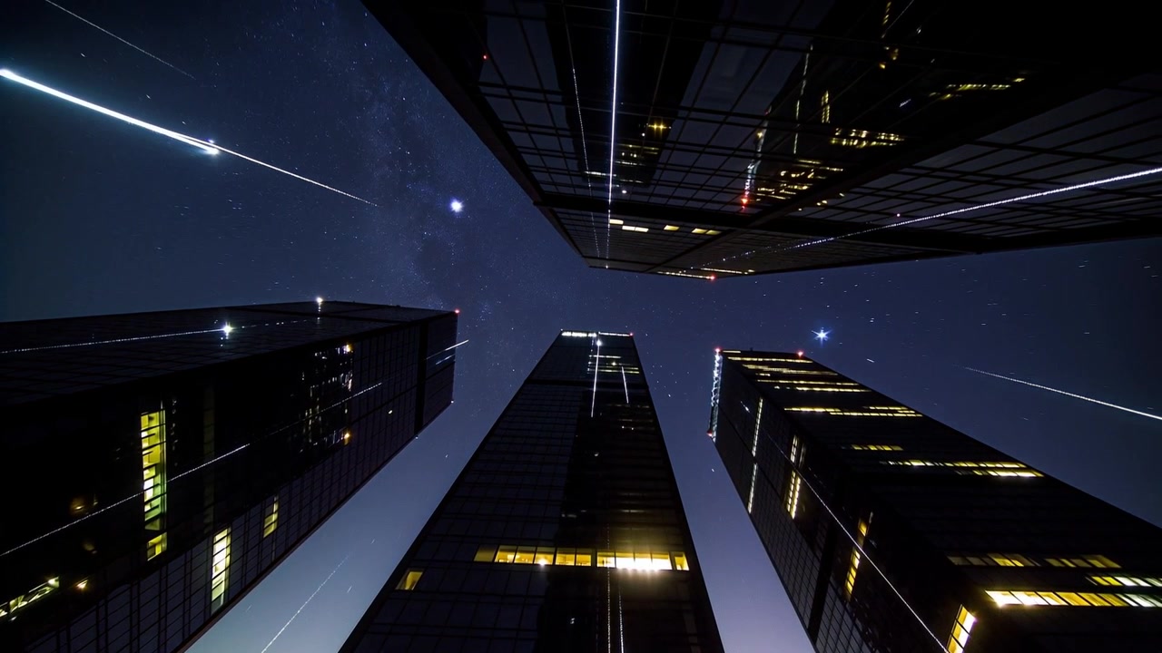 Enquadrando três torres de vidro da rua refletindo rastros de meteoros com o crepúsculo caindo, revelando estrelas.