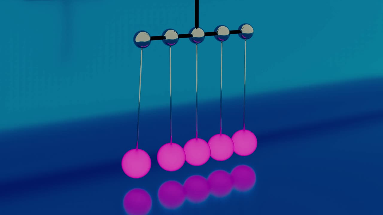 뉴턴 크레들 (newton cradle) 또는 책상 장난감 들럼 (pendulum) - 느린 동작, 추상적인 균형 잡는 뉴턴 공의 클로즈업, 편안한 효과, 원활한 루프를 만니다.