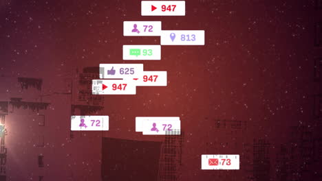 Animation of social media notifications floating over urban cityscape background