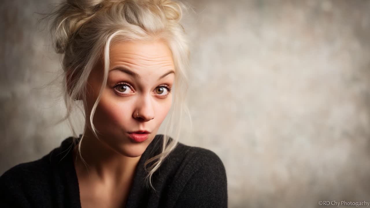 A charming young woman with blonde hair showcases playful expressions in an artistic portrait series, blending confidence and personality against a soft, textured background