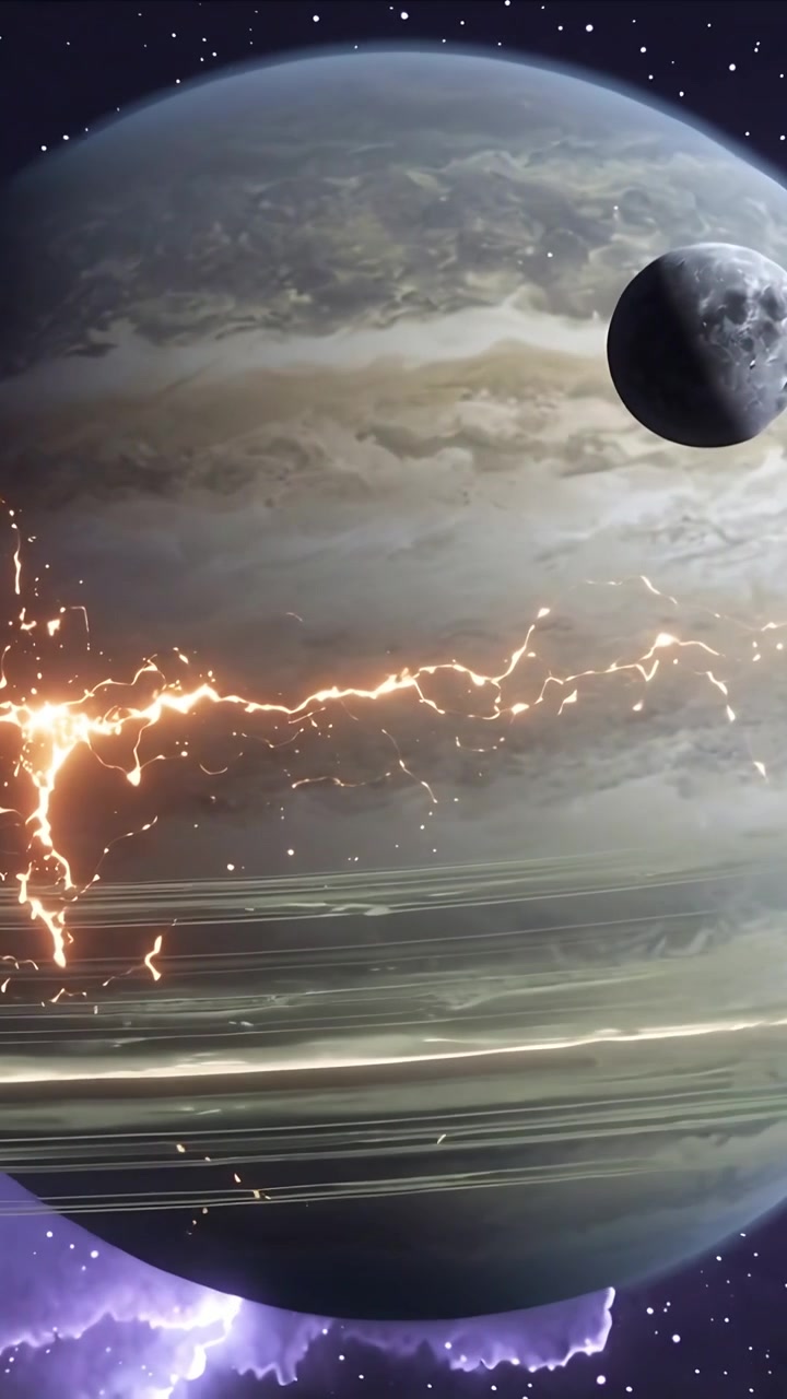 Video verticale: Scarica ad arco che parte da un pianeta con anelli, con scintille e una luna craterizzata che si sposta.