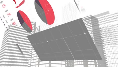 animation of financial data processing over cityscape