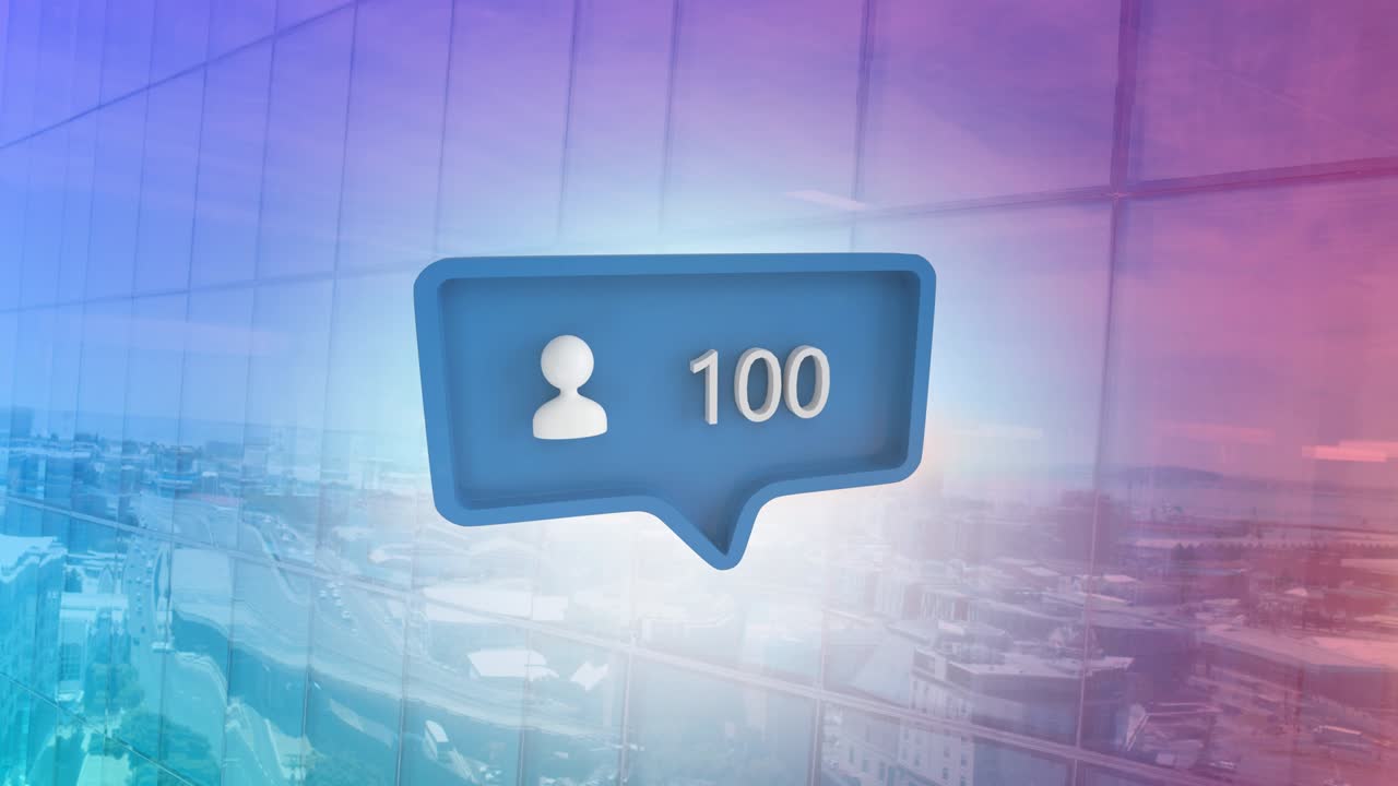 animación de burbuja de habla con icono de personas y números que crecen sobre el paisaje urbano