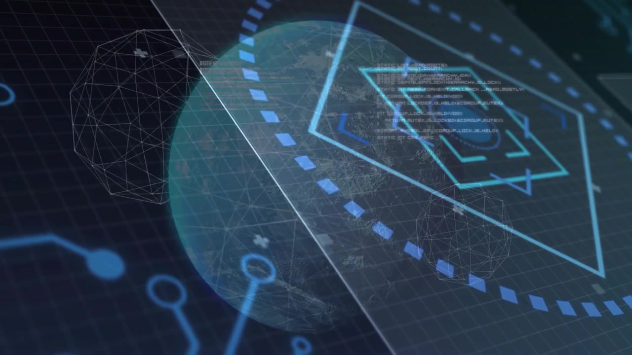 On grid launch rotating globe showing hexagonal panel visualizing data flow with rotating ring