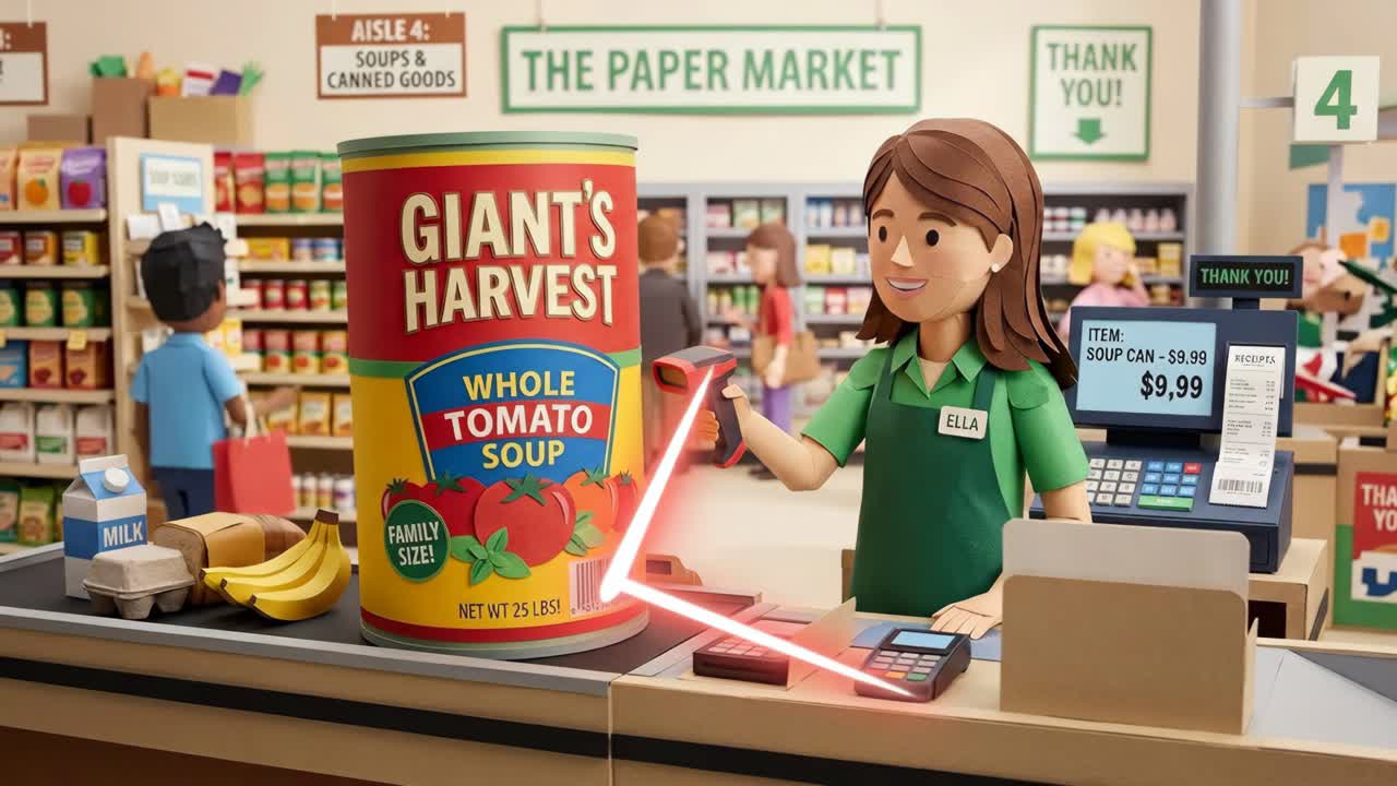 Cassa di supermercato animata con un cassiere che scansiona una gigantesca lattina di zuppa