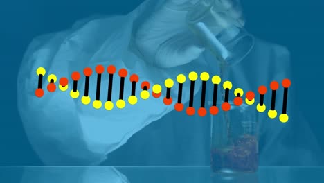 Animation-Einer-DNA-Helix-Im-Kreis-über-Einer-Frau-Im-Schutzanzug,-Die-Flüssigkeit-In-Ein-Becherglas-Gießt