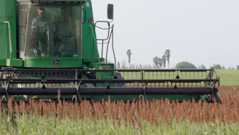 Farmer-on-a-thresher,-or-threshing-machine,-on-a-farm-field,-medium-shot