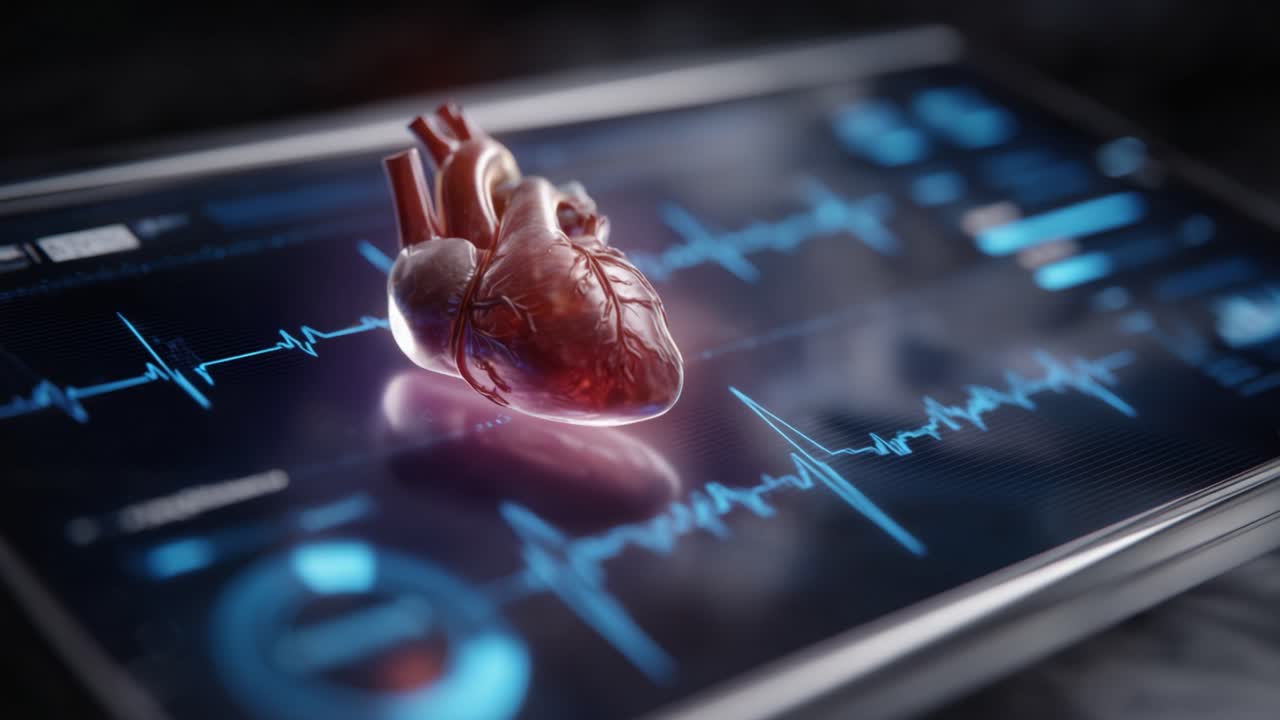 Anatomically Accurate Heart Model on Digital Monitor Displaying Heart Rate and Monitoring Data for Medical Visualization and Health Assessment Analysis