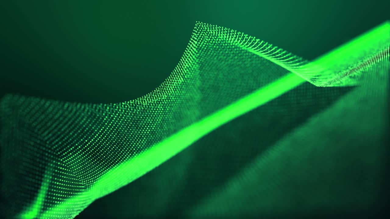 4k looped abstract green background of glow particles form lines, surfaces, structures as futuristic landscape in cyberspace or hologram. Sci-fi theme with DOF, lighting effects and bokeh.