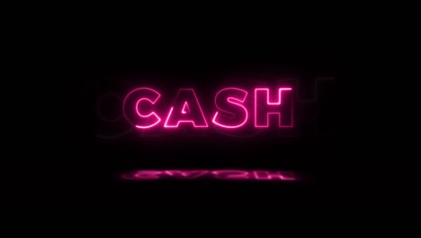 word 'cash' neon glowing on a black background with reflections on a floor. neon glow signs in seamless loop motion graphic