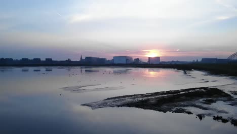 Birds-resting-at-a-small-lake-with-a-sunrise-behind-skyline-in-the-background