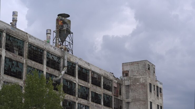Vista de drone 4K em ângulo baixo de uma fábrica abandonada em Detroit-6