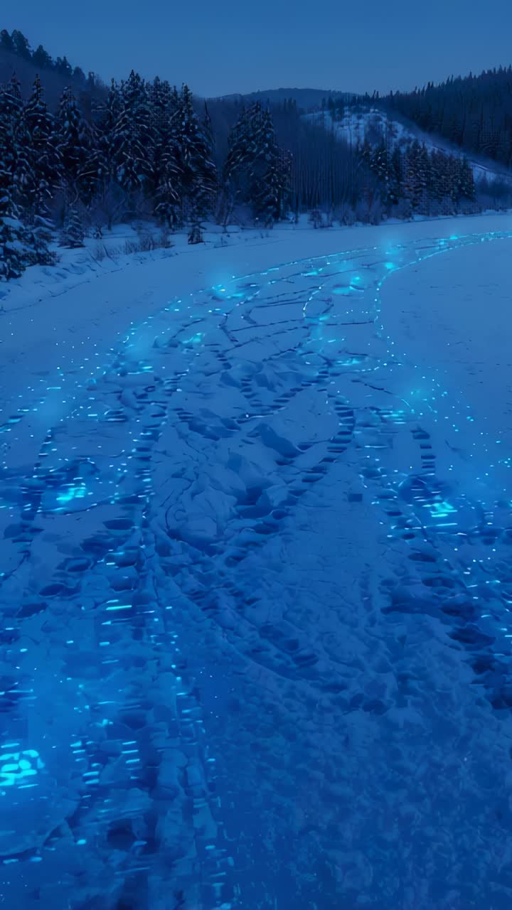 Vertical video: Pulsing blue lights moving along snow trail at dusk, tracing tire and boot prints