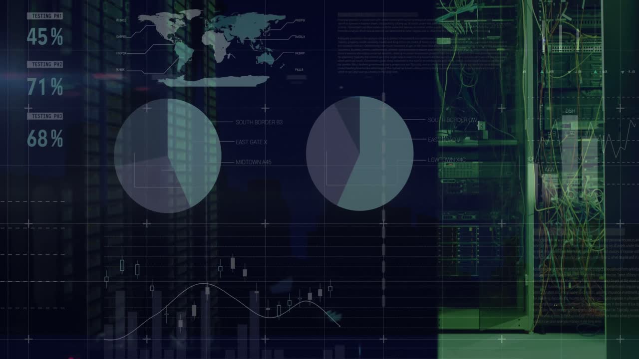 animación del procesamiento de datos estadísticos contra la sala de servidores informáticos