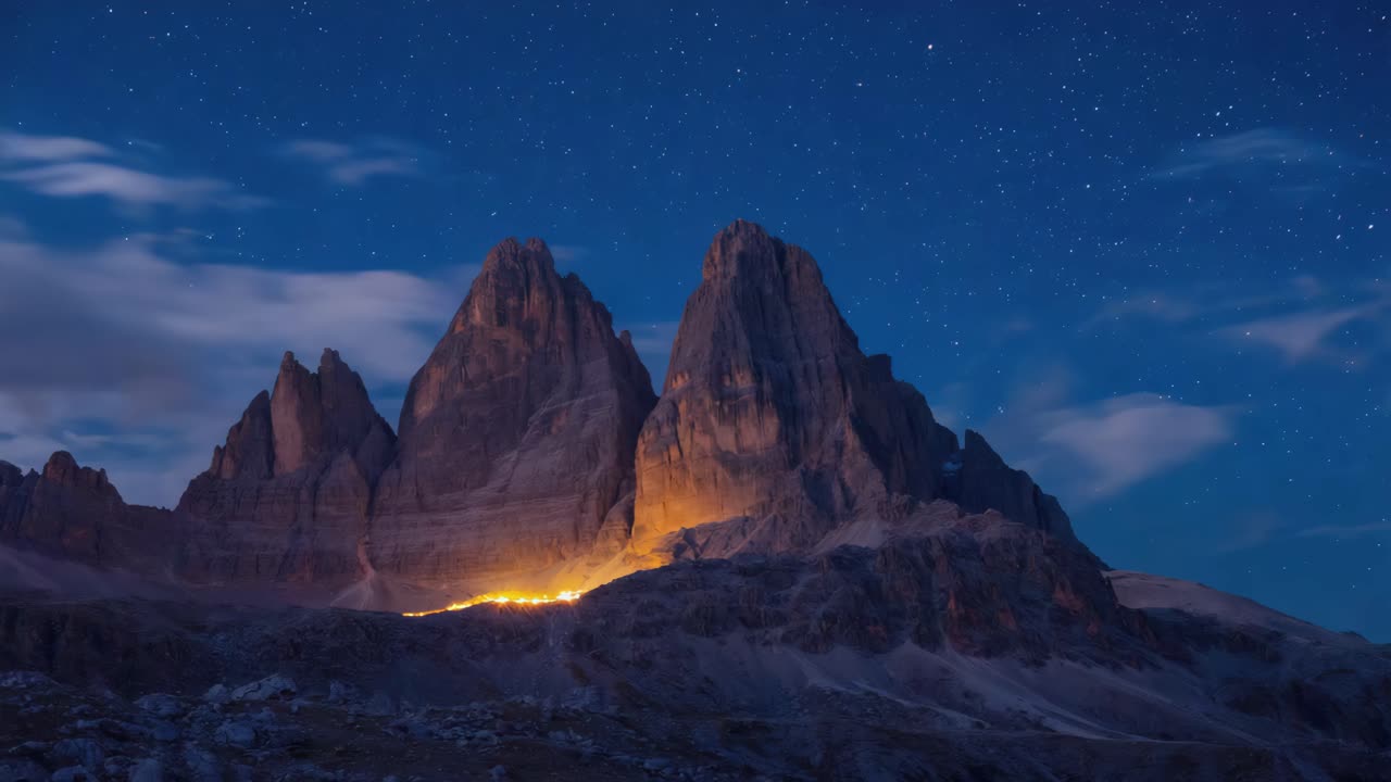 Illuminated Mountains at Night under a Starry Sky